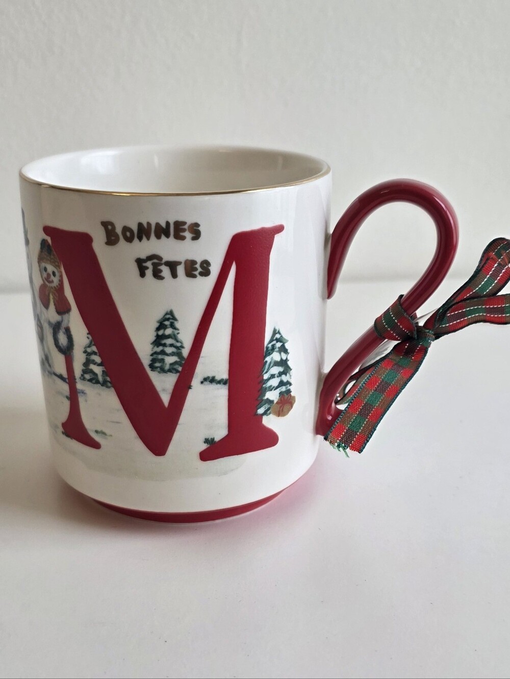 Anthropologie Christmas Monogrammed With 'M' Ceramic Mug in Red and White